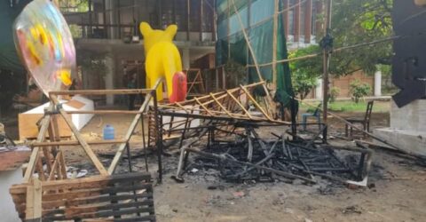 আগুনে পুড়ে ছাই শোভাযাত্রার মোটিফ ‘ফ্যাসিবাদের মুখাকৃতি’ ও ‘শান্তির পায়রা’